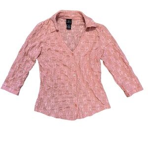 INC Y2K Women's Pink Textured 3/4 Sleeve Top with Floral Design